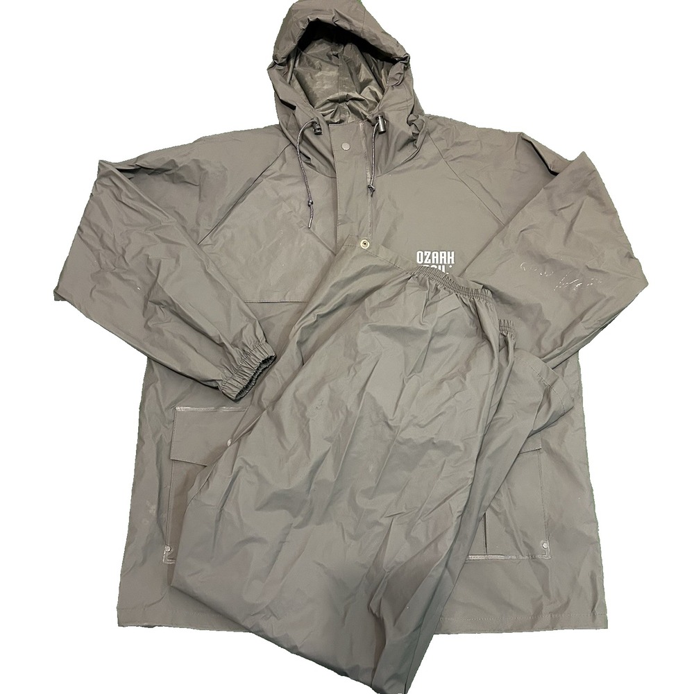 Mens Ozark Trail Hooded Rain Jacket & Pants Set Raincoat Gray Large L RN 52469